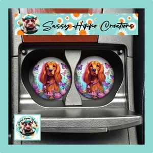 Car Coasters Cocker Spaniel Puppy Dog Butterfly Flowers Set of 2 Neoprene Absorb